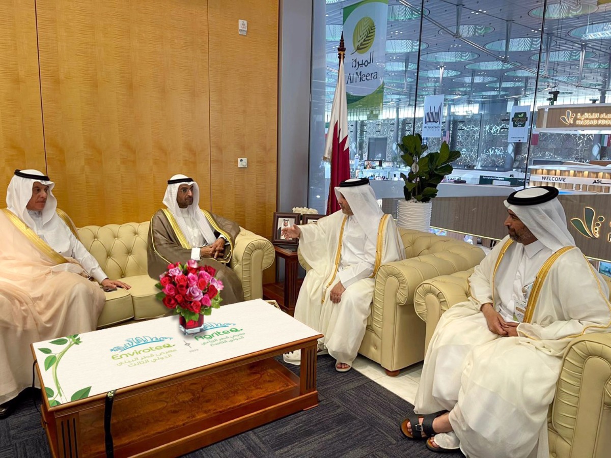 Minister of Municipality H E Dr. Abdullah bin Abdulaziz bin Turki Al Subaie and Minister of Environment and Climate Change H E Sheikh Dr. Faleh bin Nasser bin Ahmed bin Ali Al Thani with Minister of Environment, Water and Agriculture of Saudi Arabia, H E Eng. Abdulrahman bin Abdulmohsen Al Fadhli, and Secretary-General of the Gulf Cooperation Council (GCC), H E Dr. Nayef Falah Mubarak Al Hajraf, on the sidelines of 9th Qatar International Agricultural Exhibition (AgriteQ) and 3rd International Environmental Exhibition (EnviroteQ) at Doha Exhibition and Convention Center.
