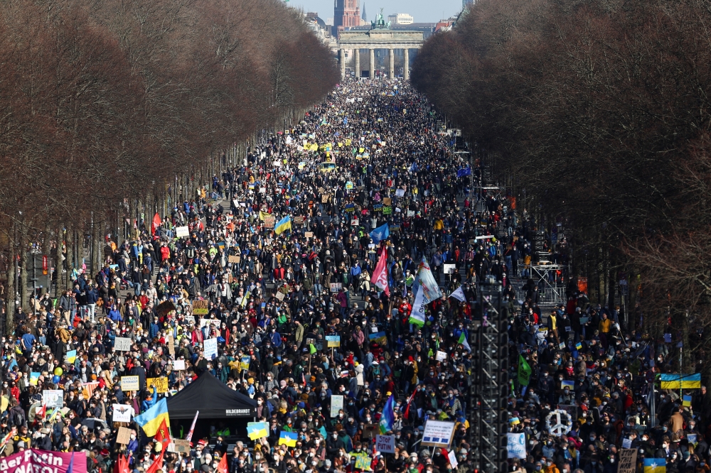 A general view as people take part in an anti-war demonstration 