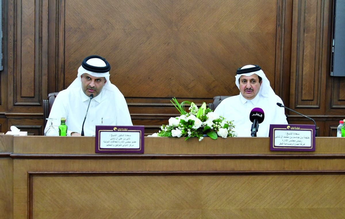 Sheikh Khalifa bin Jassim Al Thani (right) and Sheikh Dr Thani bin Ali Al Thani during the press conference held yesterday.