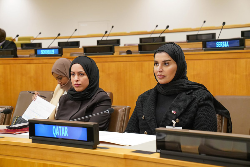 Minister of Social Development and Family H E Mariam bint Ali bin Nasser Al Misnad (right) and H E Sheikha Alya bint Ahmed Al Thani, Permanent Representative of Qatar to the United Nations, attending the ministerial round table of 66th session of the United Nations Commission on the Status of Women. 