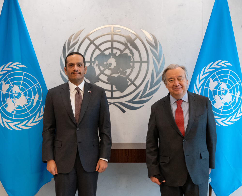 Deputy Prime Minister and Minister of Foreign Affairs H E Sheikh Mohammed bin Abdulrahman Al Thani with Secretary-General of the United Nations H E Antonio Guterres in New York, on Tuesday.