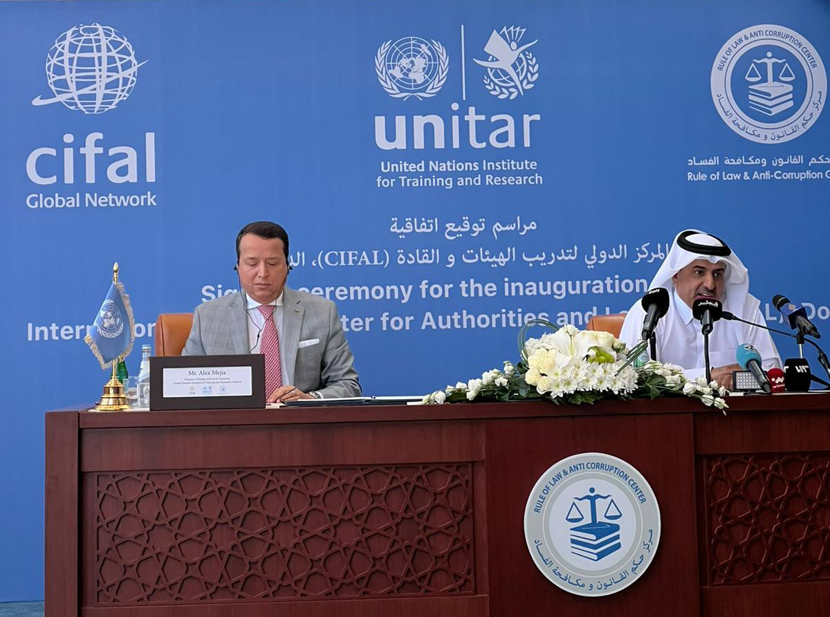 Chairman of the Board of Trustees of ROLACC H E Dr. Ali bin Fetais Al Marri and Head of the CIFAL Global Network Alex Mejia addressing a press conference after signing the agreement for inaugurating CIFAL Doha.