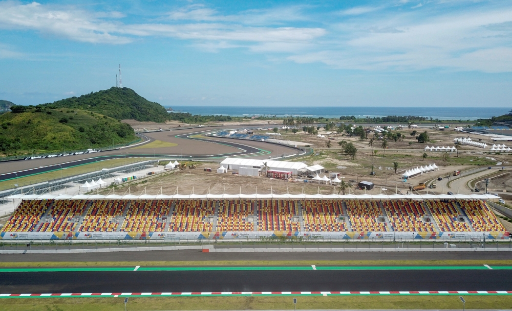 An aerial view of the Pertamina Mandalika International Street Circuit on Lombok Island, Indonesia, March 14, 2022, in this photo taken with a drone, March 14, 2022 by Antara Foto. Antara Foto/Ahmad Subaidi/via REUTERS 