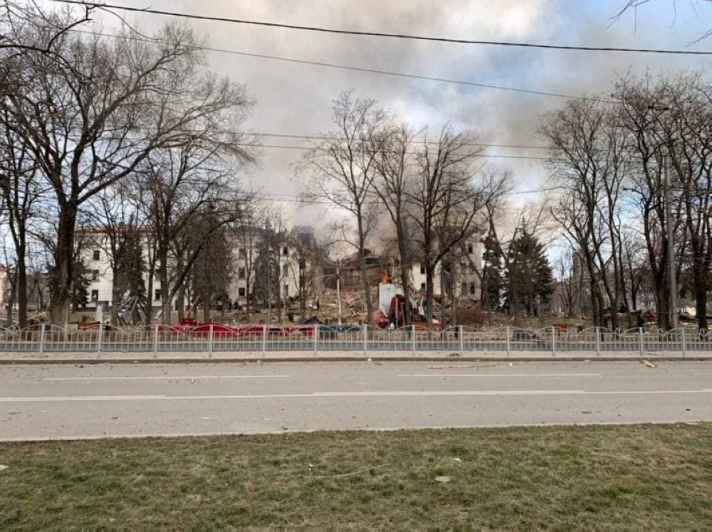 A view shows Donetsk Regional Theatre of Drama destroyed by an airstrike amid Russia's invasion of Ukraine, in Mariupol, Ukraine, in this handout picture obtained by Reuters on March 16, 2022. Press service of the Donetsk Regional Civil-Military Administration/Handout via REUTERS