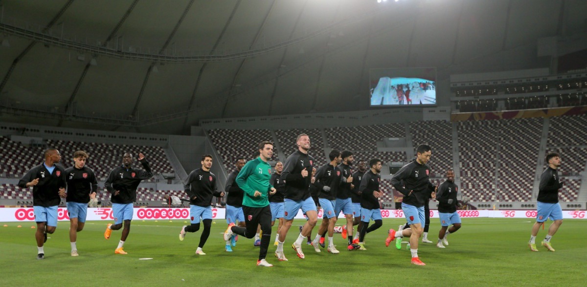 Al Duhail players in action during a training session at the Khalifa International Stadium ahead of the 50th Amir Cup final.