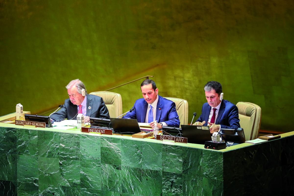 Deputy Prime Minister and Minister of Foreign Affairs H E Sheikh Mohammed bin Abdulrahman Al Thani chairing the opening session of the Fifth United Nations Conference on the Least Developed Countries (LDC5) in New York, yesterday. Also seen is UN Secretary-General H E António Guterres.
