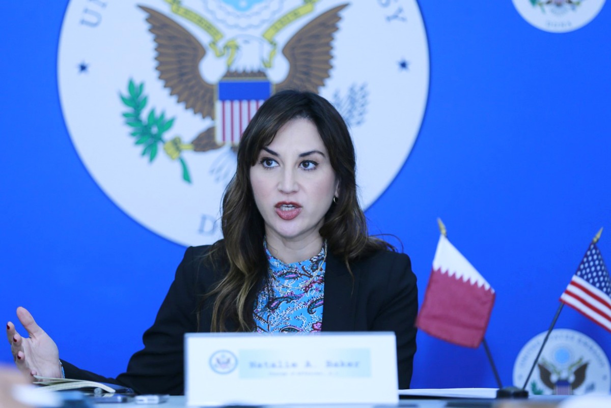 Chargé d’Affaires at the US embassy in Doha, H E Natalie A Baker addressing the press conference. PIC: RAJAN VADAKKEMURIYIL 