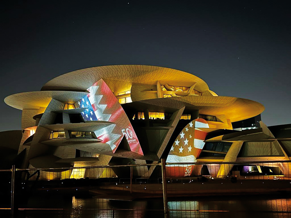 National Museum of Qatar was lit up with the flags of Qatar and the US to mark 50 years of diplomatic relations between the two countries.