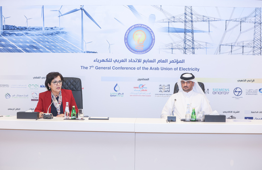 Director of energy department at Arab League Ambassador Jamila Matar (left) and Eng. Dr. Abdullah Mohsen Al Wahidi, Director of Shared Services Affairs at Kahramaa during the press conference yesterday.