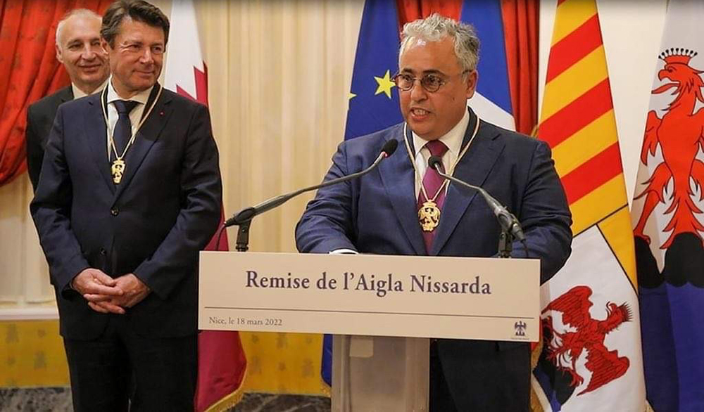 Ambassador of Qatar to France H E Sheikh Ali bin Jassim Al Thani addresses the ceremony along with Mayor of Nice Christian Estrosi.