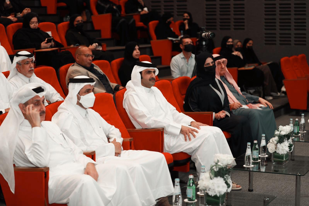 Minister of Culture H E Sheikh Abdul Rahman bin Hamad Al Thani; Assistant Foreign Minister H E Lolwah bint Rashid Al Khater; Qatar University President Dr. Hassan Rashid Al Derham; and others attending the seminar on Arabic language at Qatar University, yesterday. 