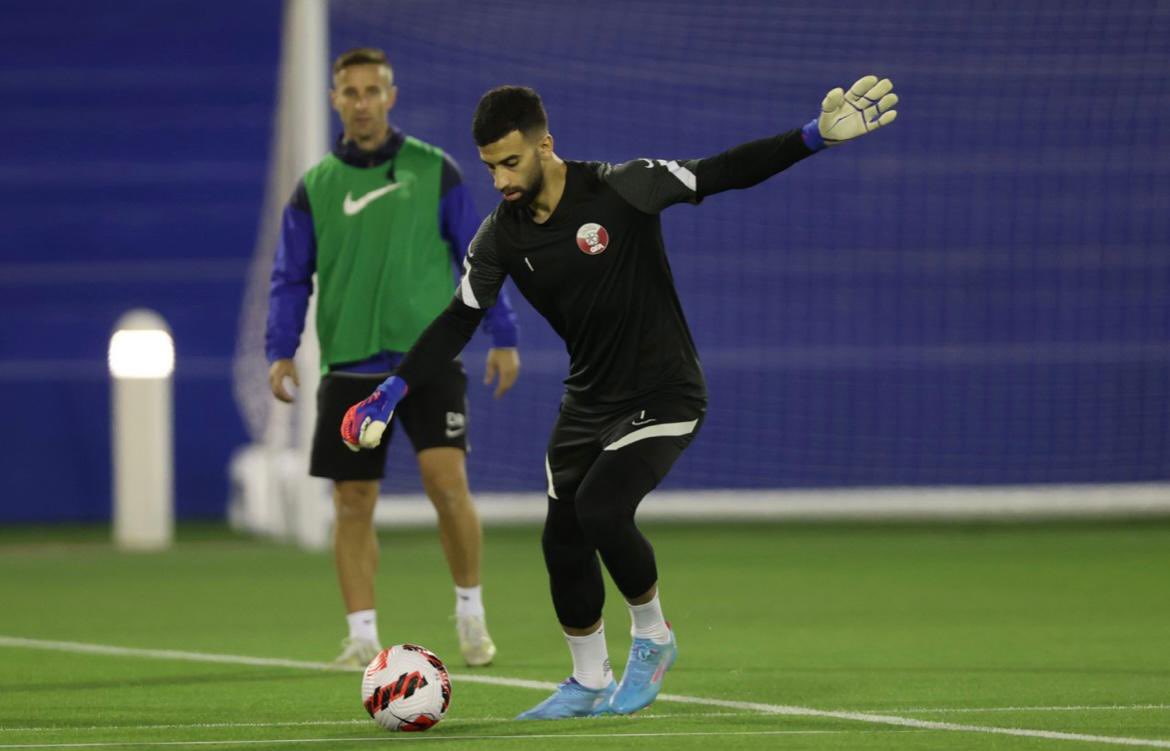 Qatar goalkeeper Saad Al Sheeb in action during a training session, yesterday.