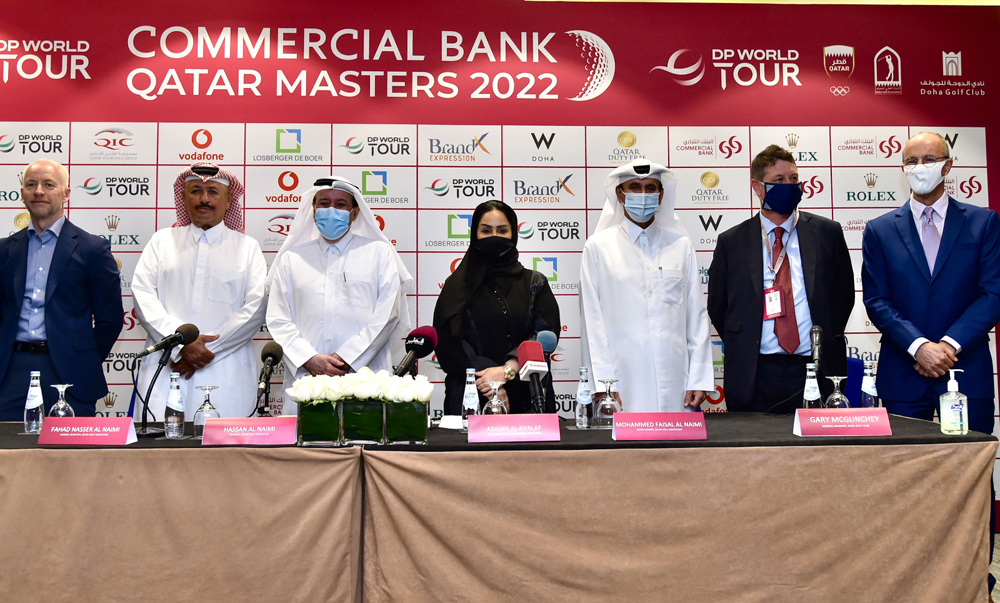 FROM LEFT: DP World Tour Tournament Director, Mikael Erikkson, QGA General Secretary Fahad Nasser Al Naimi, QGA President Hassan Al Naimi, Sponsorship and Events Manager Ashjan Al Khalaf, QGA Board Member Mohammed Faisal Al Naimi, DGC General Manager Gary McGlinchey and QGA Technical Director Mike Shoueiry at a press conference yesterday.