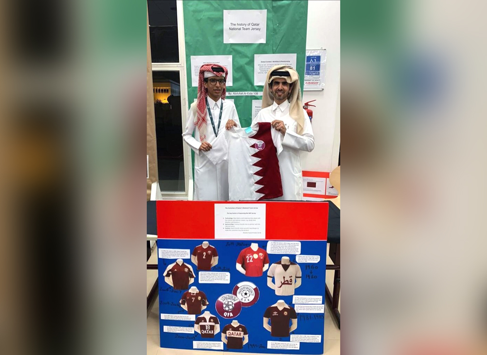 Abdullah Al Eida with his father, presenting a project on sports wear evolution from 1960 to 2020.