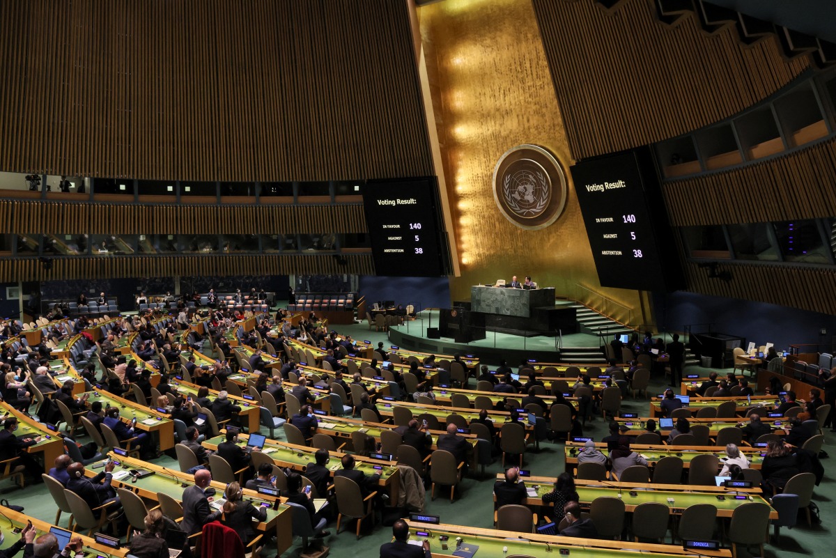 Voting results are seen on the screen during a special session of the U.N. General Assembly on Russia's invasion of Ukraine, at the United Nations headquarters in New York City, New York, U.S., March 24, 2022. REUTERS/Brendan McDermid
