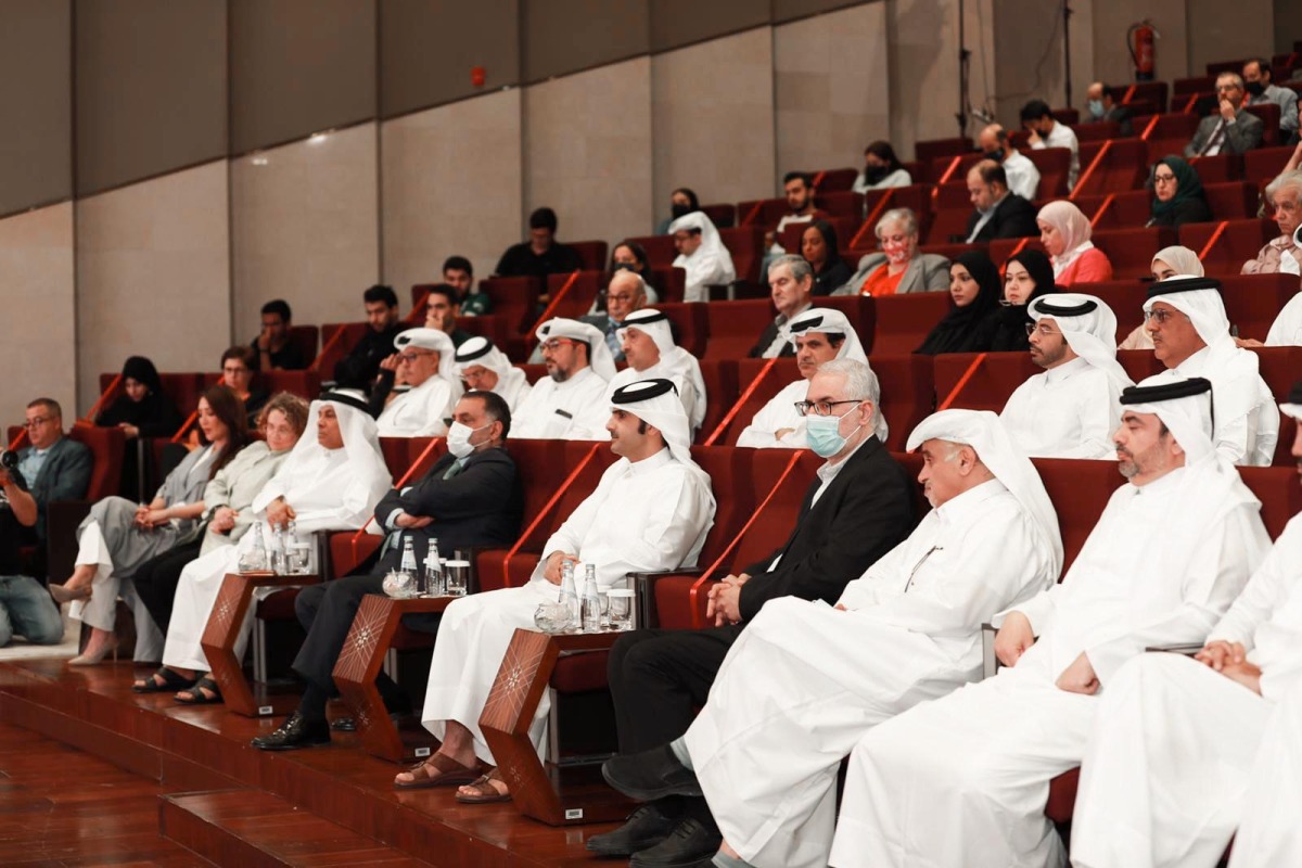 Minister of Culture H E Sheikh Abdul Rahman bin Hamad Al Thani and other officials and guests at the symposium held at Doha Institute for Graduate Studies. 