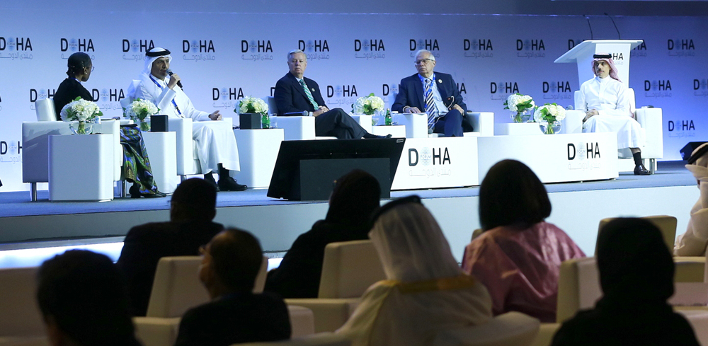 From Left: Deputy PM and Minister of Foreign Affairs H E Sheikh Mohammed bin Abdulrahman Al Thani; US Senator H E Lindsey Graham; High Representative of the EU for Foreign Affairs H E  Josep Borrell: and Minister of Foreign Affairs of Saudi Arabia, H H Prince Faisal bin Farhan bin Abdullah Al Saud during a plenary session of Doha Forum, yesterday. PIC : RAJAN VADAKKEMURIYIL