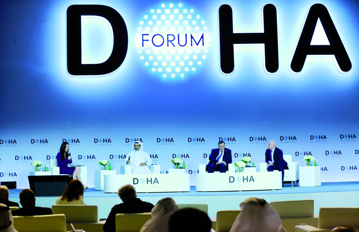 Minister of State for Energy Affairs H E Eng. Saad bin Sherida Al Kaabi speaking during a panel discussion titled ‘Energy Transition and Security: Meeting Demand in a Volatile World’ held under Doha Forum, yesterday. 