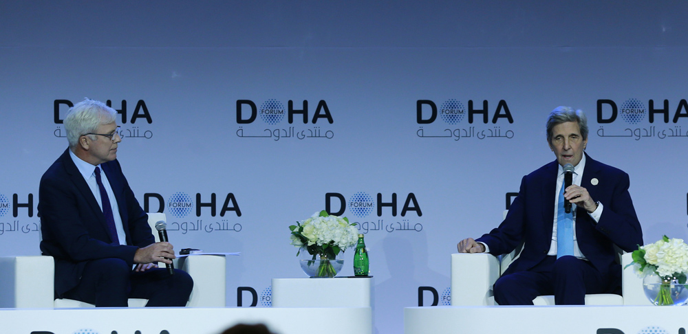 US Special Presidential Envoy for Climate and former Secretary of State John Kerry  in conversation with Nick Clark, Environment Editor, Al Jazeera English, during a plenary panel at Doha Forum, yesterday. PIC: RAJAN VADAKKEMURIYIL