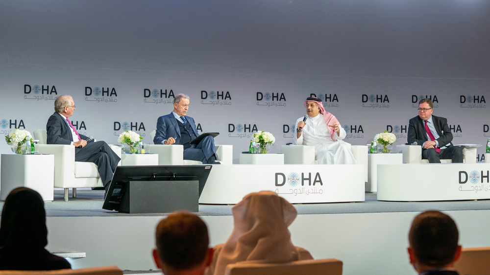 Deputy Prime Minister and Minister of State for Defence Affairs H E Dr. Khalid bin Mohamed Al Attiyah taking part in a panel discussion at Doha Forum, yesterday.