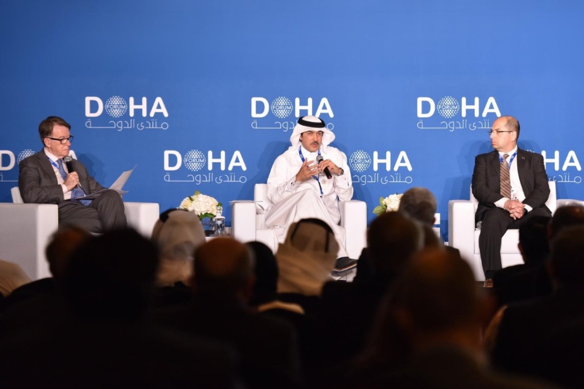 Minister of State and Chairman of the Qatar Free Zones Authority (QFZA) H E Ahmad bin Mohamed Al Sayed with other participants during a panel discussion at the Doha Forum, yesterday. 