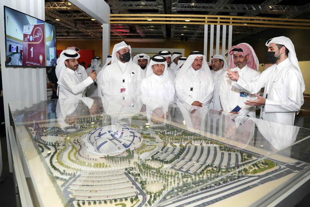 Ministry of Sports and Youth Director of Asset and Projects Department, Eng. Abdulrahman Al Malki along with other officials being briefed during the opening day of Qatar International Sport Engineering Conference and Exhibition.