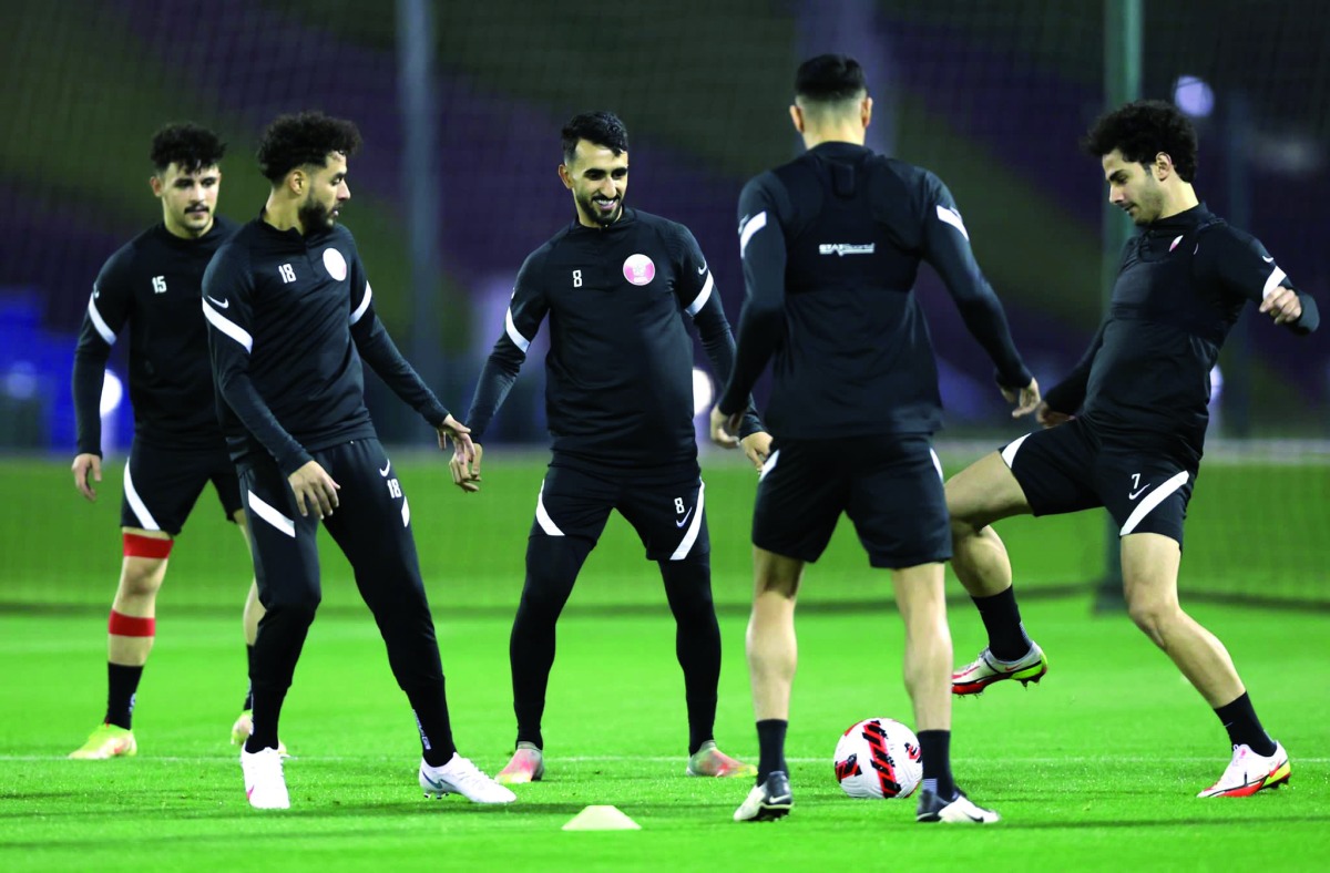 Qatar players during a training session at Aspire Zone yesterday. 