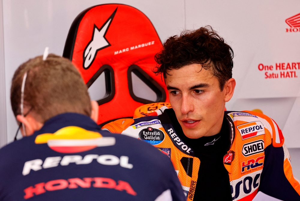 March 19, 2022 Repsol Honda Team's Marc Marquez during practice REUTERS/Willy Kurniawan/File Photo