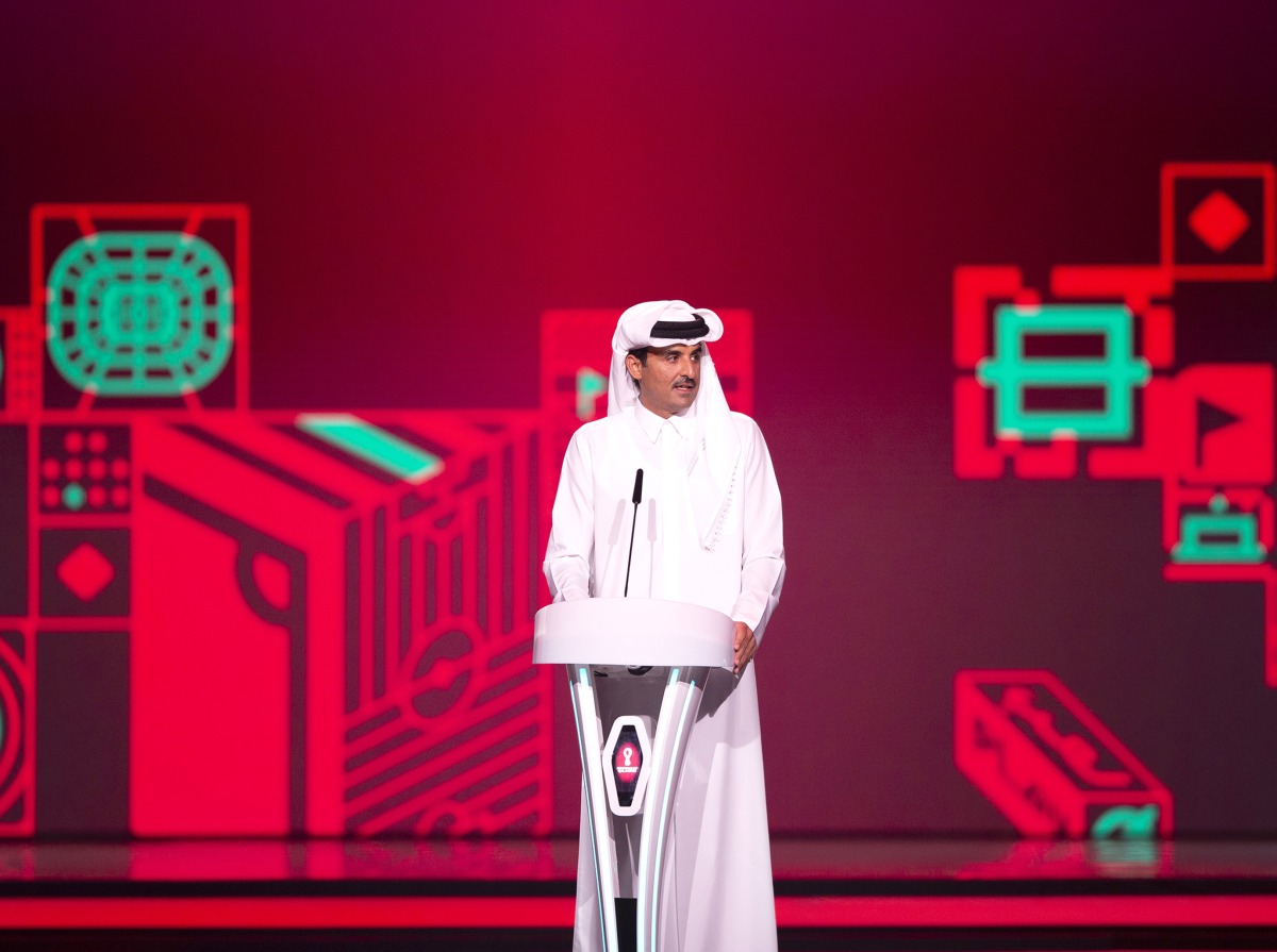 Amir H H Sheikh Tamim bin Hamad Al Thani addressing the Final Draw ceremony for the FIFA World Cup Qatar 2022, at DECC, Doha, yesterday. 