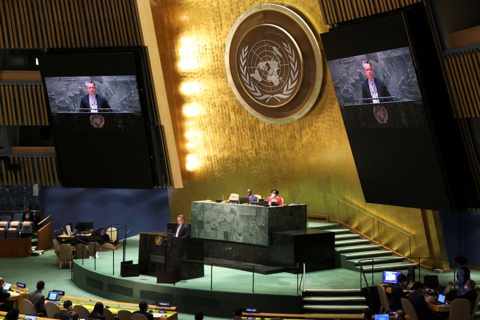 Sergiy Kyslytsya, Permanent Representative of Ukraine to the United Nations delivers remarks during an emergency special session of the U.N. General Assembly on Russia's invasion of Ukraine, at the United Nations headquarters in New York City, New York, U.S. April 7, 2022. REUTERS/Andrew Kelly

