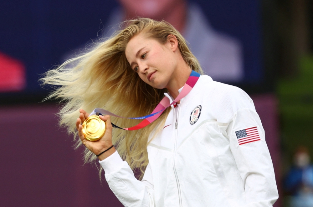 Nelly Korda of the United States holds her gold medal - Kasumigaseki Country Club - Kawagoe, Saitama, Japan - August 7, 2021. REUTERS/Murad Sezer/File Photo
 