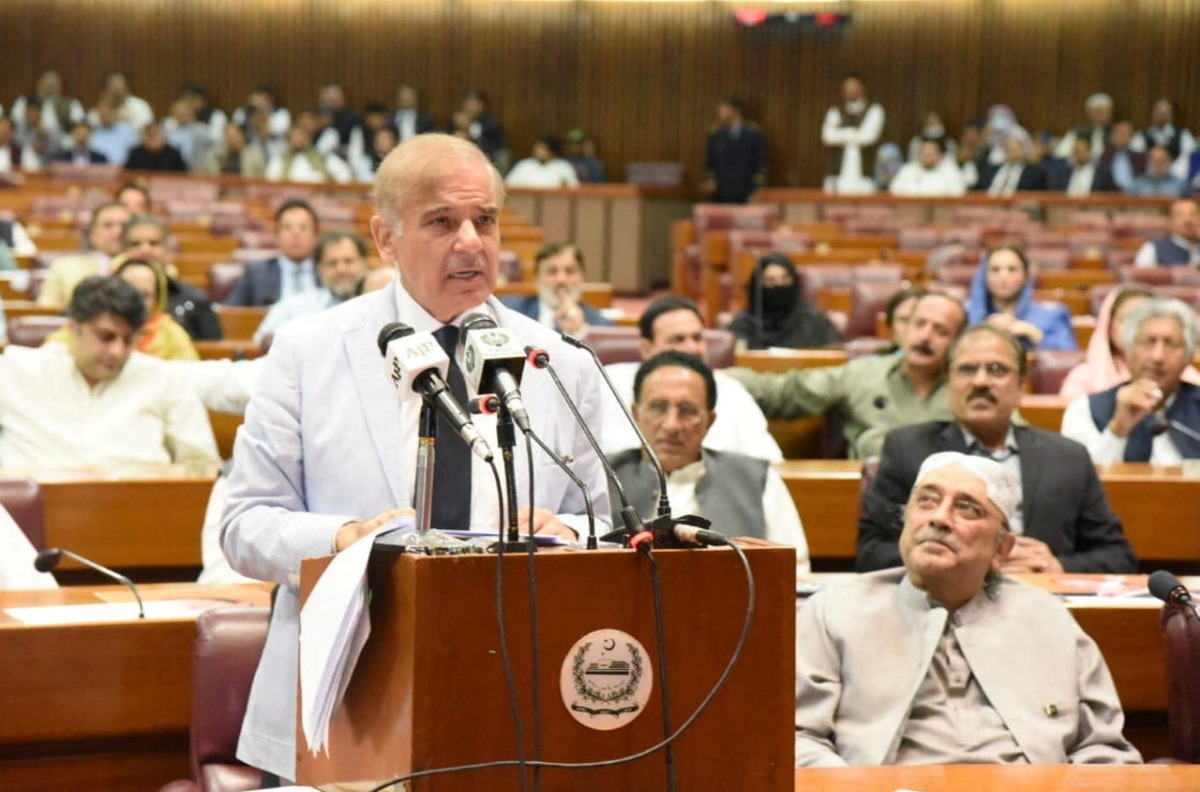 Pakistan's prime minister-elect Shehbaz Sharif speaks after winning a parliamentary vote to elect a new prime minister, at the national assembly, in Islamabad, Pakistan April 11, 2022. Press Information Department (PID)/Handout via REUTERS