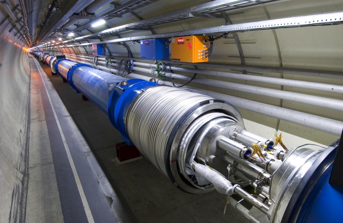 Two LHC magnets are seen before they are connected together. Pic: CERN