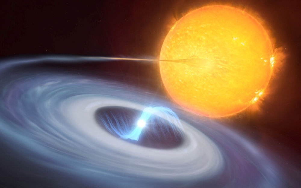 This artist's impression shows a two-star system where stellar explosions called micronovae may occur. The blue disc swirling around the bright white dwarf in the center of the image is made up of material, mostly hydrogen, stolen from its companion star. Towards the center of the disc, the white dwarf uses its strong magnetic fields to funnel the hydrogen towards its poles. As the material falls on the hot surface of the star, it triggers a micronova explosion, contained by the magnetic fields at one of the white dwarf's poles. European Southern Observatory/M. Kornmesser, L. Calcada/Handout via REUTERS