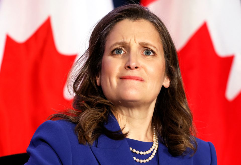 Canada's Finance Minister Chrystia Freeland reacts during a news conference before delivering the 2022-23 budget, in Ottawa, Ontario, Canada, April 7, 2022. REUTERS/Blair Gable

