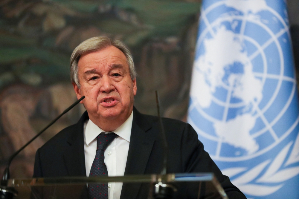 UN Secretary-General Antonio Guterres speaks during a news conference after his meeting with Russian Foreign Minister Sergei Lavrov in Moscow, Russia, April 26, 2022. Maxim Shipenkov/Pool via REUTERS