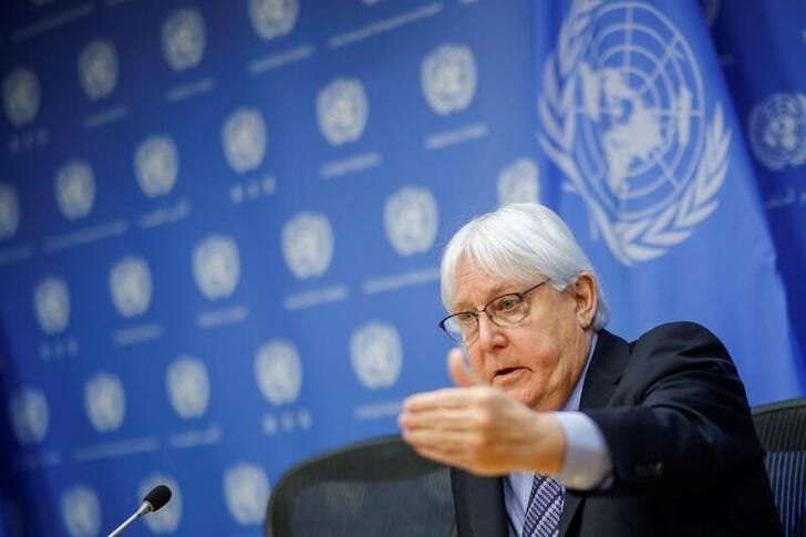 Martin Griffiths, the Under-Secretary-General for Humanitarian Affairs and Emergency Relief Coordinator, briefs reporters on the humanitarian situation in Ukraine at the United Nations headquarters in New York, U.S., April 18, 2022. REUTERS/Eduardo Munoz


