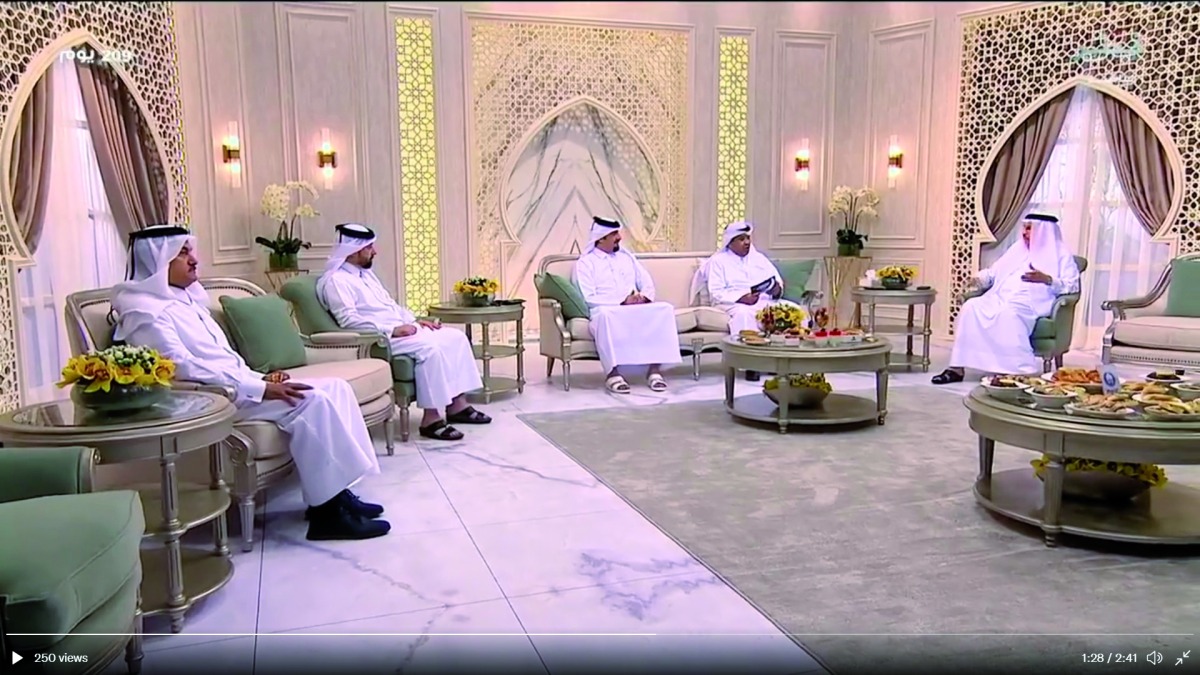 Director of Quality Licensing and Market Control Department at MoCI Dr. Mohamed Ahmed Al Bohashem Al Sayed (second left); economic analyst Abdullah Al Khater (first left); businessman and economic analyst Ali Hassan Al Khalaf (first right); and others during Qatar TV's ‘Ghabqa’ programme yesterday.