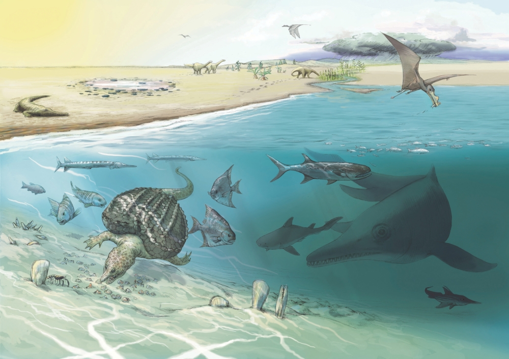 Reconstruction of a scene from 200 million years ago in what is now the Swiss High Alps. Geological deposits dating to more than 200 million years ago of an ocean that was the precursor of the Mediterranean Sea have been preserved in the Swiss High Alps. Fossils of whale-sized marine reptiles called ichthyosaurs, which came from the open sea occasionally into shallower water, have been unearthed in the Swiss High Alps. Jeannette Ruegg/Heinz Furrer/University of Zurich/Handout via REUTERS