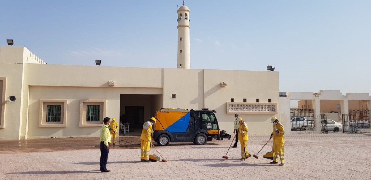 Cleaning work underway at a mosque.