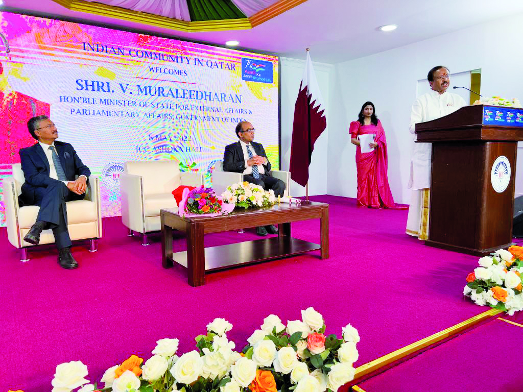 Minister of State for External Affairs and Parliamentary Affairs of India H E V Muraleedharan speaking at a reception hosted by Indian Cultural Center (ICC) in association with Indian expatriate community organisations at ICC premises, yesterday. Also seen is Indian Ambassador H E Dr. Deepak Mittal (left). PIC: Mohamed Elshaer