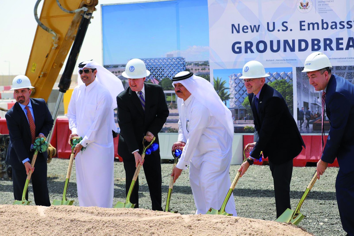 Qatari and US officials attending groundbreaking ceremony for the new compound of the US embassy in Qatar yesterday