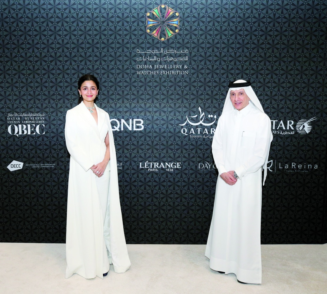 Qatar Tourism Chairman and Qatar Airways Group Chief Executive H E Akbar Al Baker and Bollywood actress Alia Bhatt during the opening of Doha Jewellery and Watches Exhibition (DJWE), at Doha Exhibition and Convention Center, yesterday.