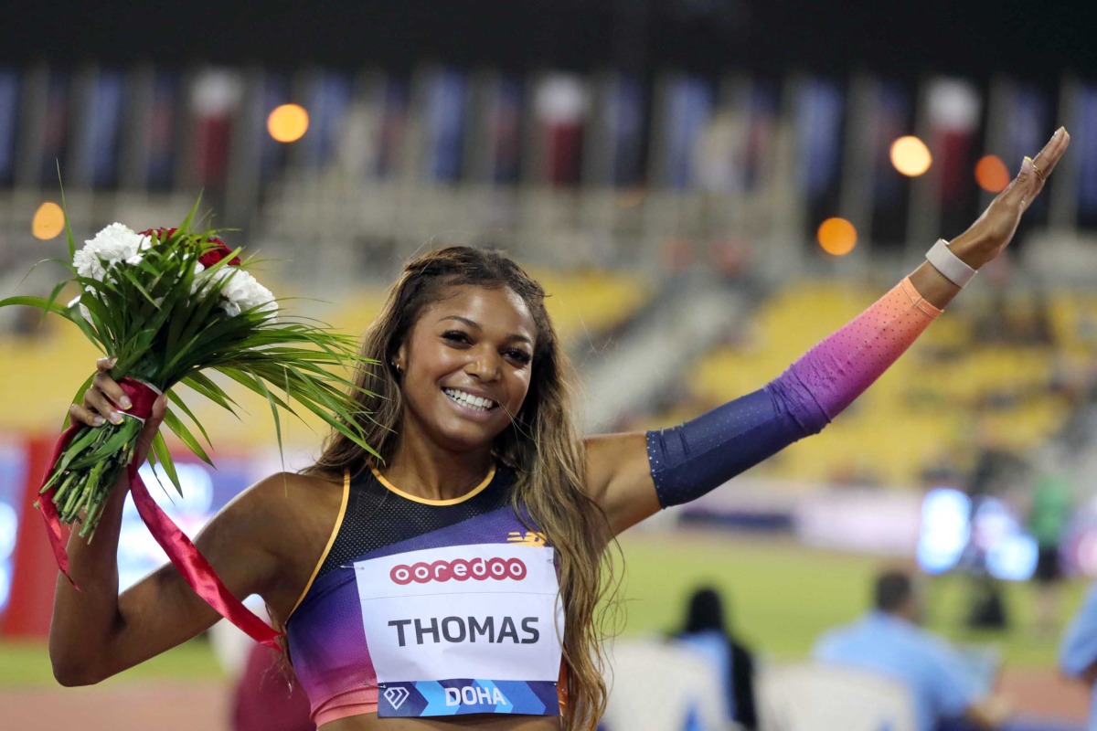 Gabrielle Thomas of the US celebrates after winning the women's 200m at the Suheim Bin Hamad Stadium, yesterday. Pic: Mohamed Farag