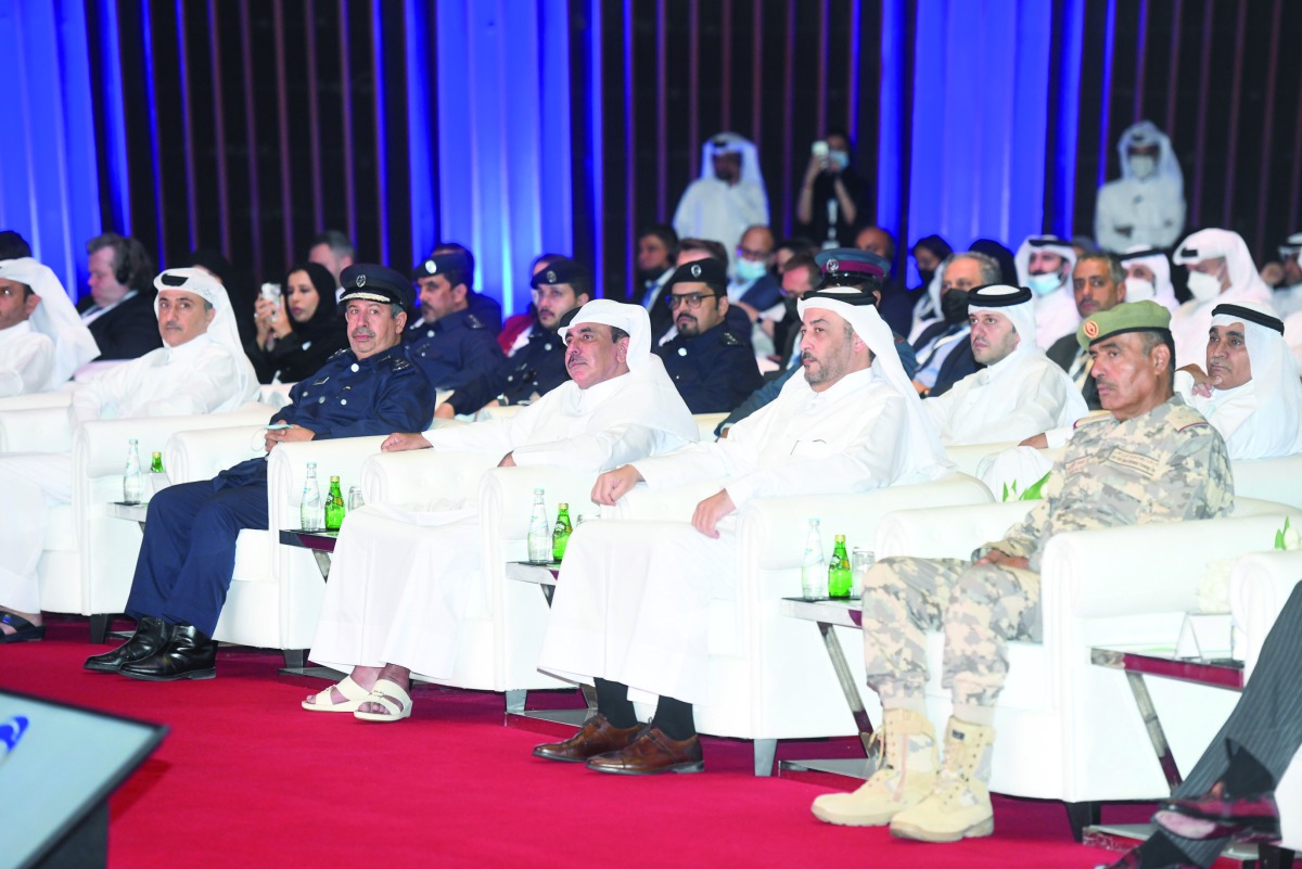 Minister of Transport H E Jassim Saif Ahmed Al Sulaiti and President of the National Cyber Security Agency H E Eng Abdulrahman bin Ali Al Malki with other officials during the conference at Sheraton Hotel, yesterday.  Pic: Amr Diab