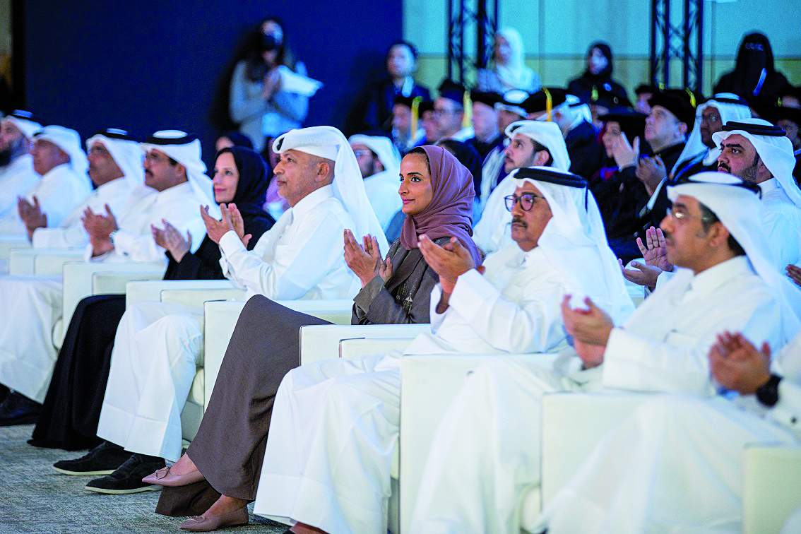 Speaker of Shura Council H E Hassan bin Abdulla Al Ghanim, Minister of Education and Higher Education H E Buthaina bint Ali Al Jabr Al Nuaimi, Minister of Justice H E Masoud bin Mohammad Al Ameri, Minister of Labour H E Dr. Ali bin Smaikh Al Marri, Vice-Chairperson and CEO of Qatar Foundation and the Chairperson of HBKU’s Board of Trustees H E Sheikha Hind bint Hamad Al Thani with other dignitaries at the graduation ceremony, yesterday. 