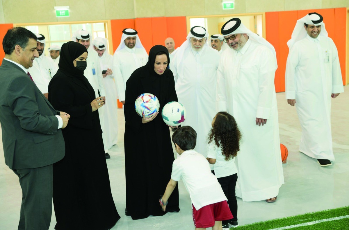 Minister of Education and Higher Education H E Buthaina bint Ali Al Jabr Al Nuaimi and President of Ashghal Dr. Eng. Saad bin Ahmed Al Muhannadi with other officials visiting new Al Kheesa Preparatory School.