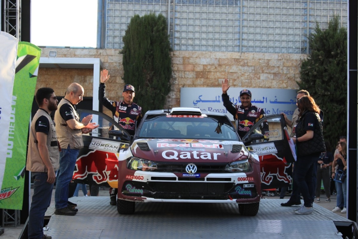 Qatar's Nasser Saleh Al Attiyah and his navigator Mathieu Baumel at the start of the 2022 Jordan Rally in Amman, yesterday.