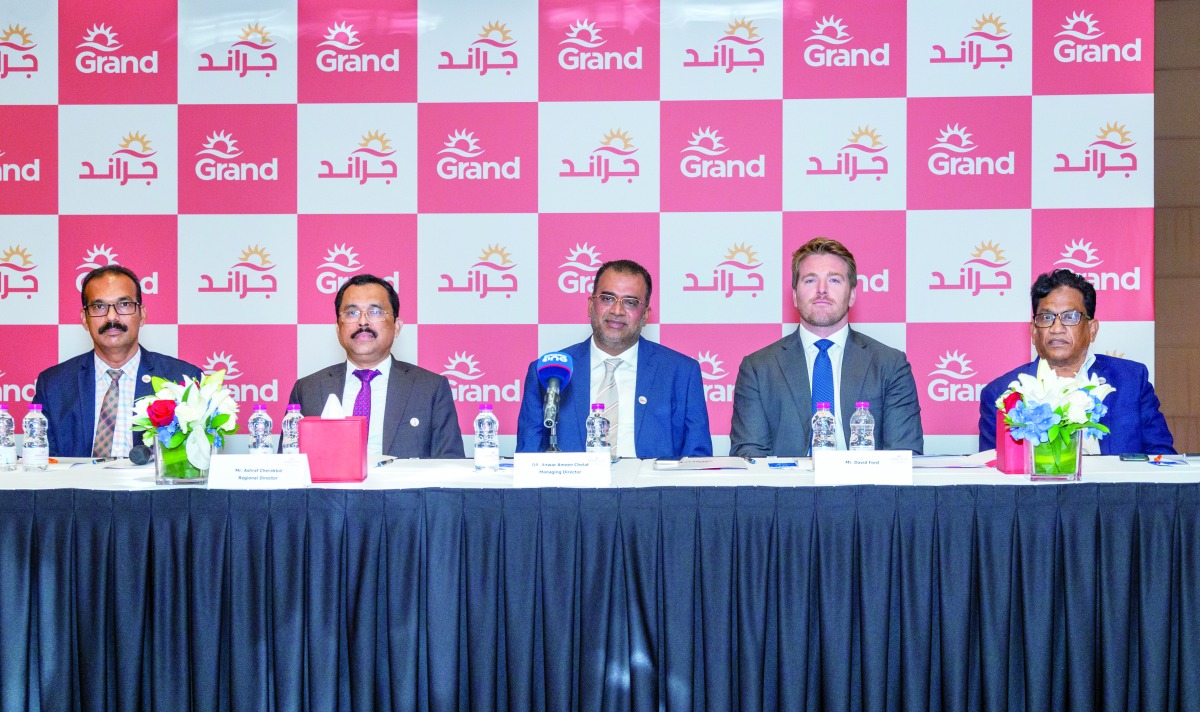 From Left: General Manager of Grand Mall Ajith Kumar; Regional Director Ashraf Cherakkal; Managing  Director Dr. Anwar Ameen Chelat; Bin Yousef Group JV Partner COO David Ford; and Director Grand Mall Mohamed NV during the press conference held yesterday. PIC: Abdul Basit