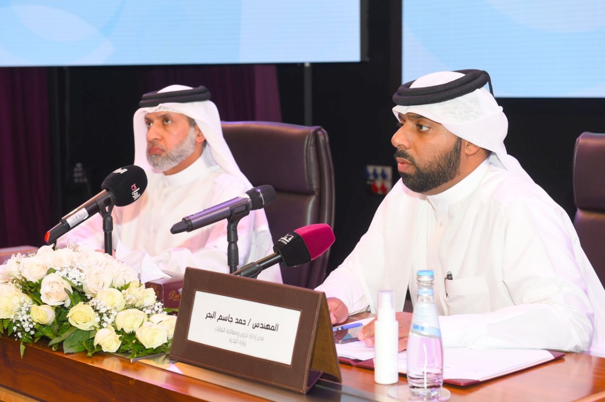 Director of Waste Recycling and Treatment Department of the Ministry of Municipality, Eng Hamad Jassim Al Bahr (right); and Director of Radiation and Chemical Protection Department of the Ministry of Environment and Climate Change, Abdul Rahman Yousef Al Abdul Jabbar, at the press conference.